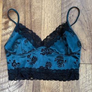 Motel Rocks Teal Satin Floral Lace Crop top  with Black lace Trim